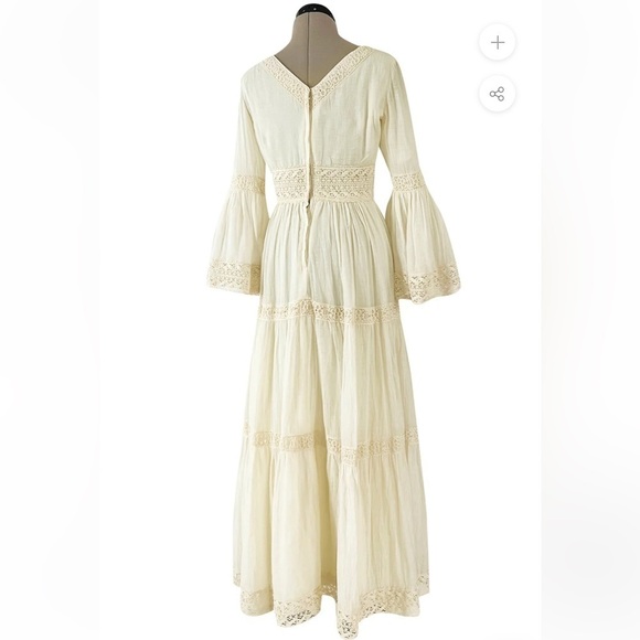 Victor Costa Mexican Wedding Dress Ivory Cotton Gauze & Lace Dress Romantic 1970 - Picture 3 of 16